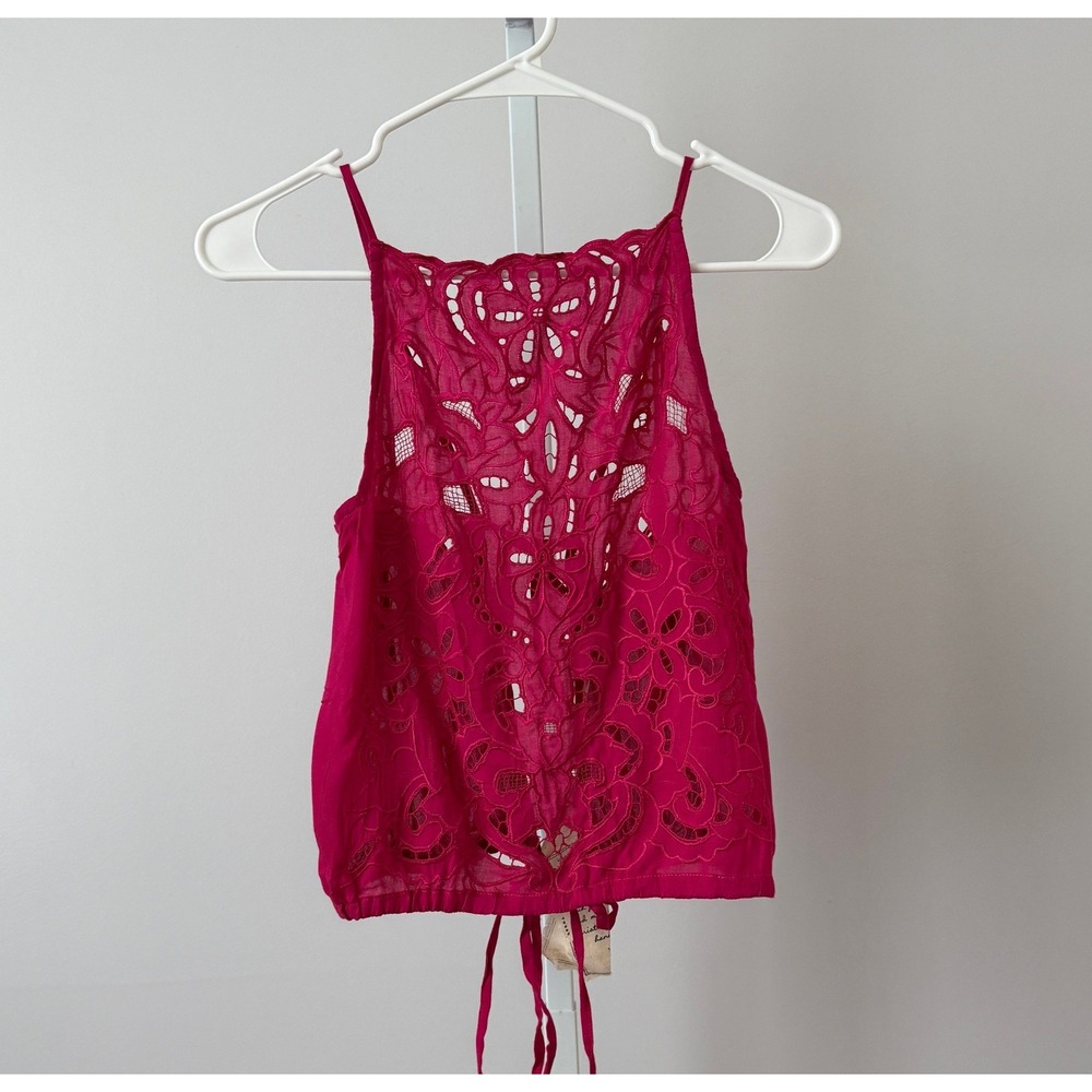 Free People S Pink Embroidered Lace Halter‎ Top Bali Boho Cami Cottage Peasant